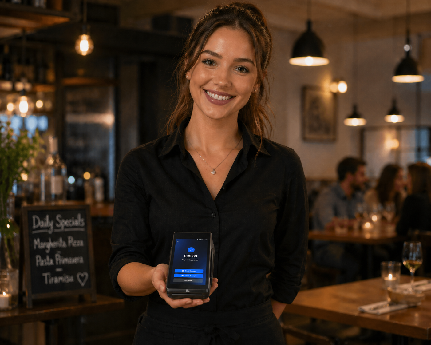 Waitress using SkyTab Mobile payment terminal
